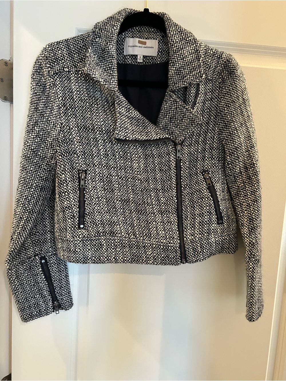 cupcakes & cashmere Black and White Tweed Cropped Moto Blazer